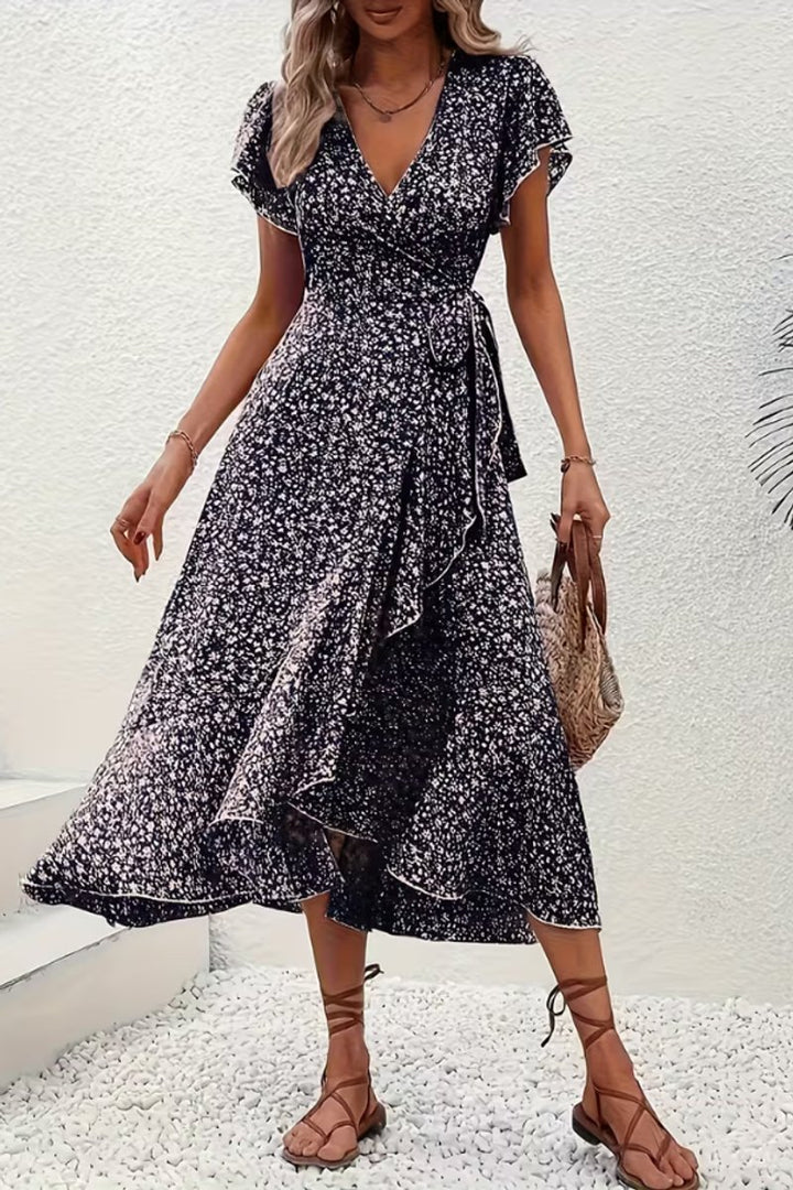 Women's Floral Wrap Midi Evening Gown V-Neck Cap Sleeve Dress
