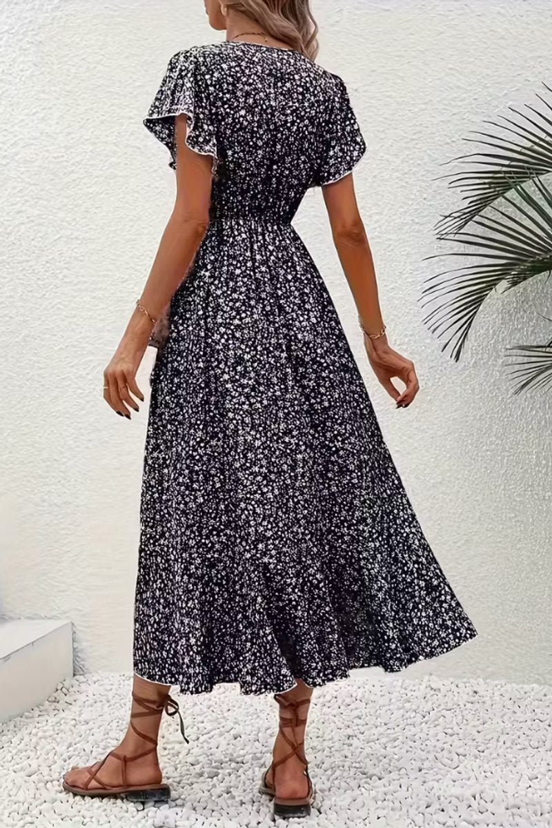 Women's Floral Wrap Midi Evening Gown V-Neck Cap Sleeve Dress