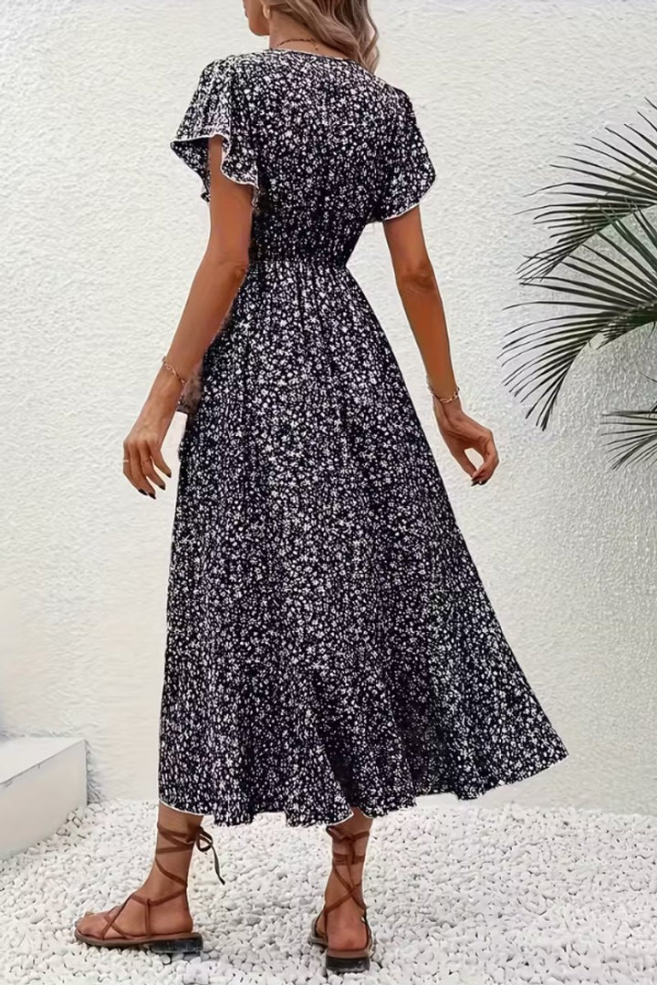 Women's Floral Wrap Midi Evening Gown V-Neck Cap Sleeve Dress