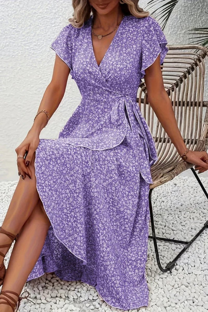 Women's Floral Wrap Midi Evening Gown V-Neck Cap Sleeve Dress - Purple