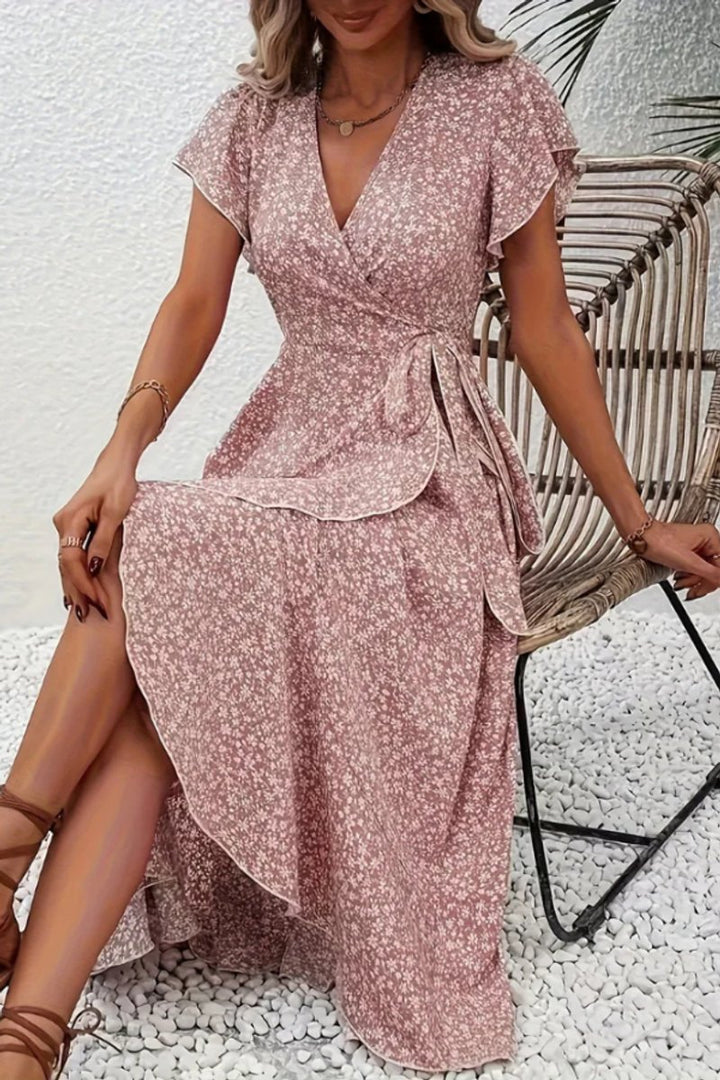Women's Floral Wrap Midi Evening Gown V-Neck Cap Sleeve Dress - Pink