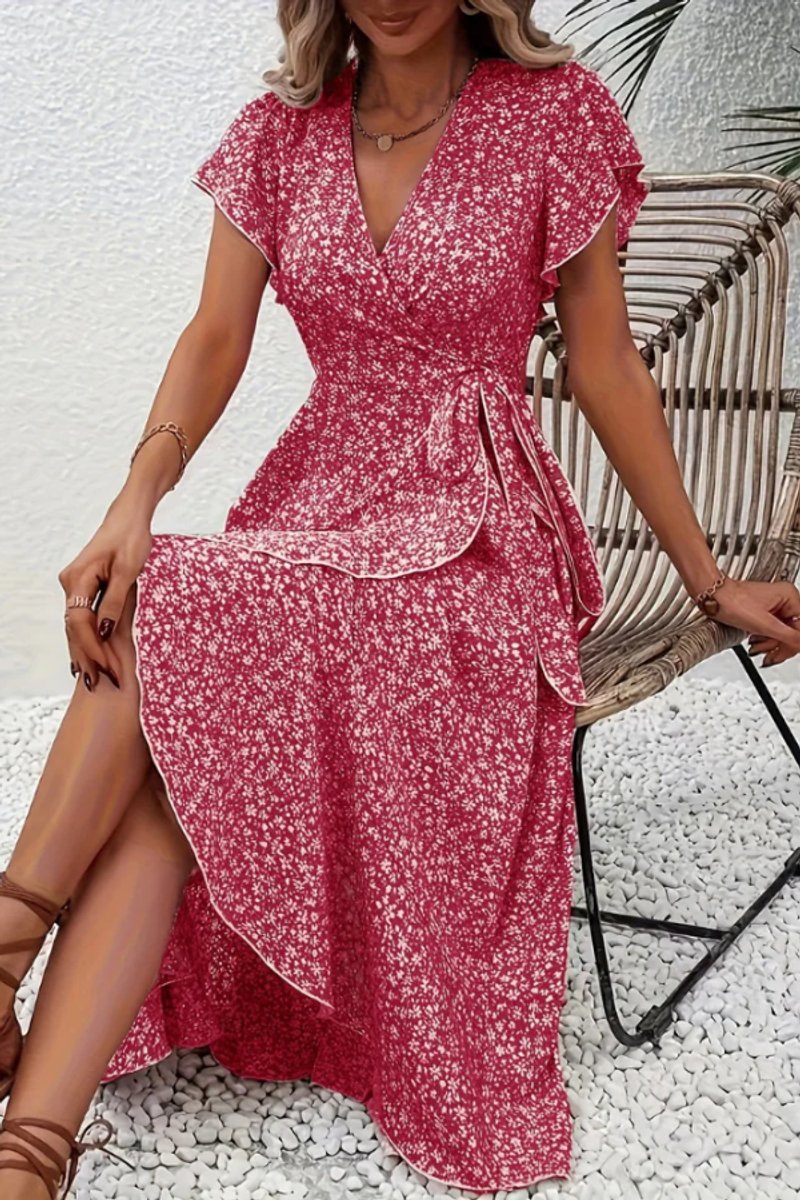 Women's Floral Wrap Midi Evening Gown V-Neck Cap Sleeve Dress - Pink 2