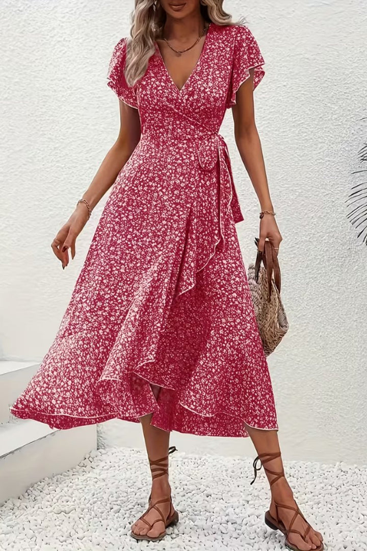 Women's Floral Wrap Midi Evening Gown V-Neck Cap Sleeve Dress