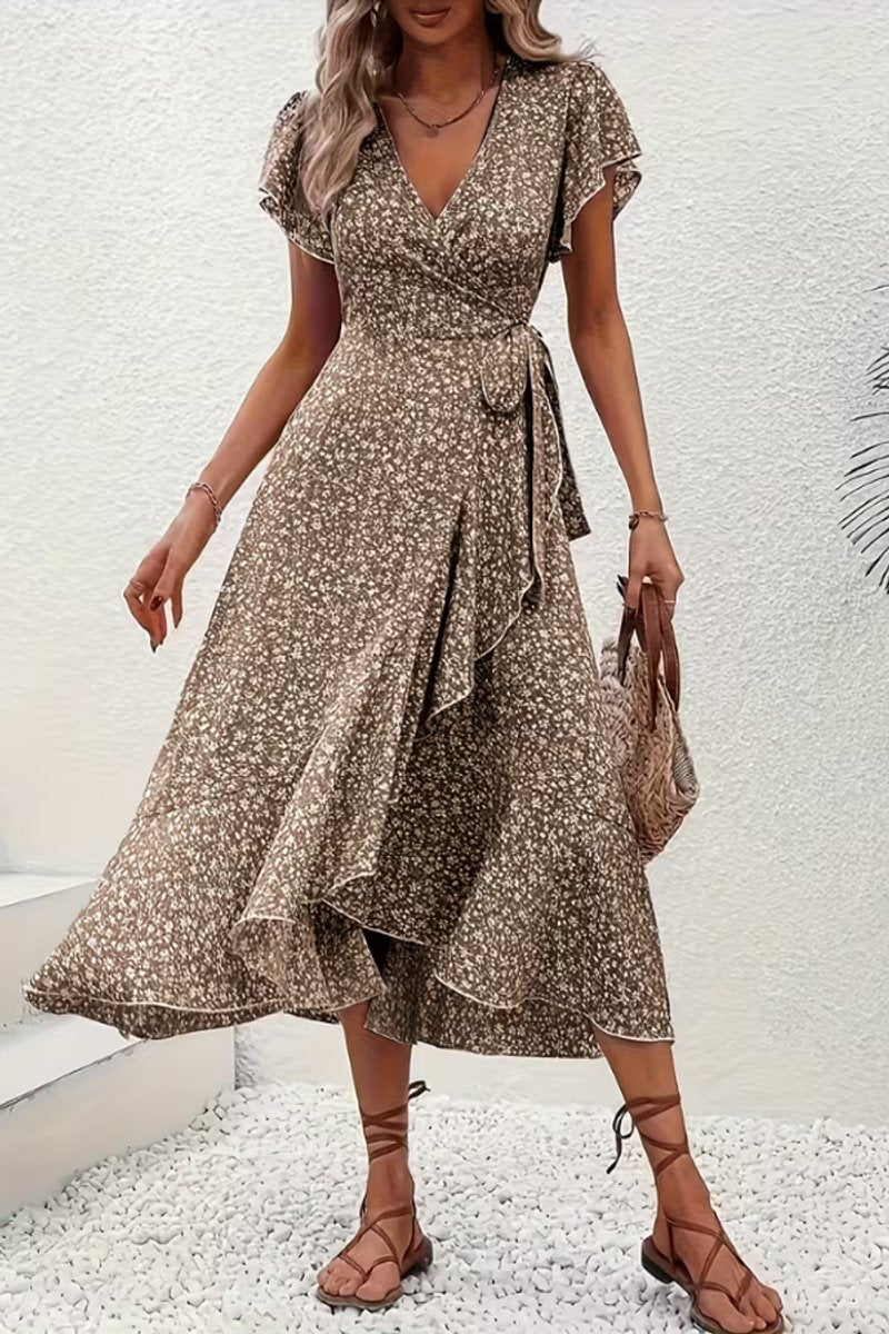 Women's Floral Wrap Midi Evening Gown V-Neck Cap Sleeve Dress