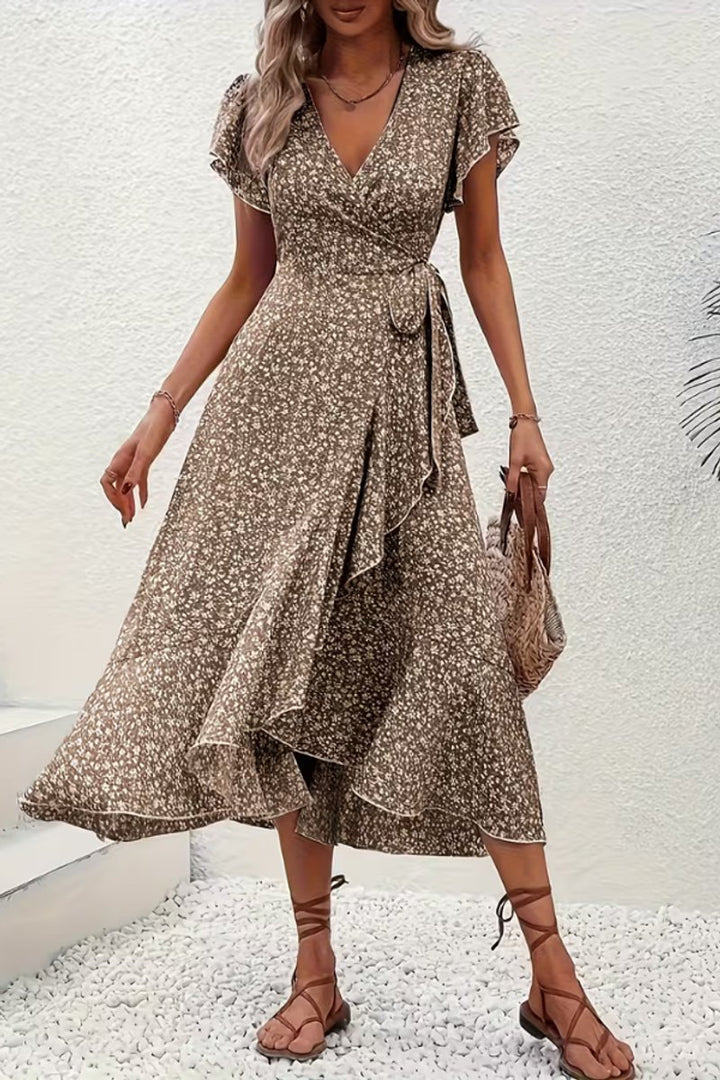 Women's Floral Wrap Midi Evening Gown V-Neck Cap Sleeve Dress