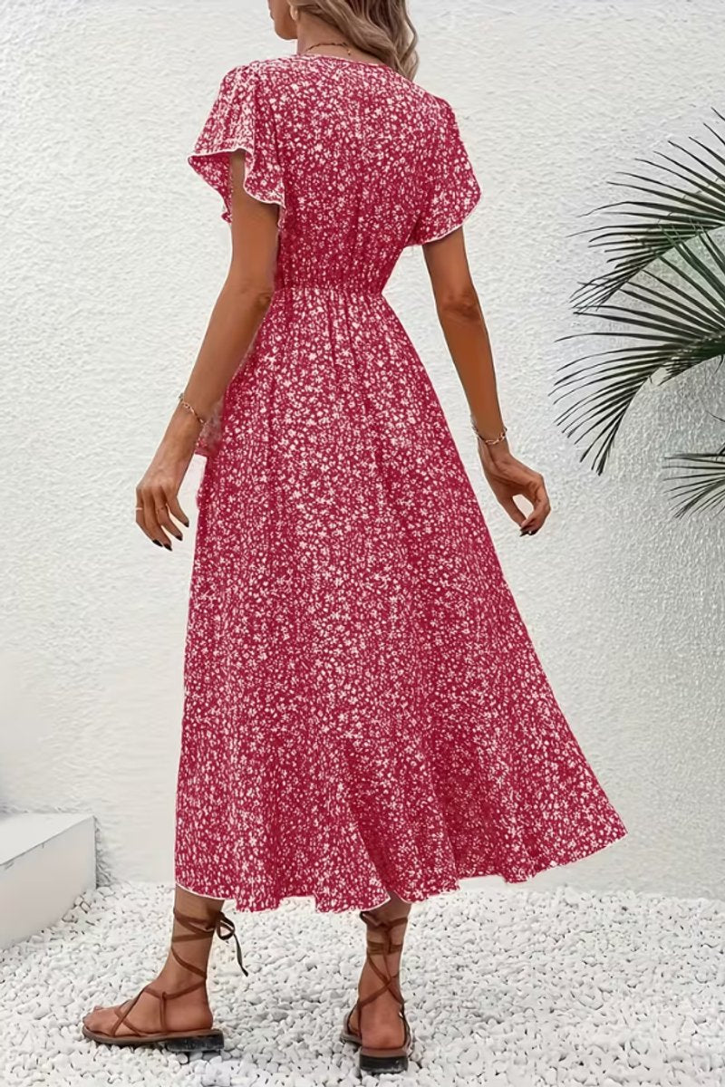 Women's Floral Wrap Midi Evening Gown V-Neck Cap Sleeve Dress