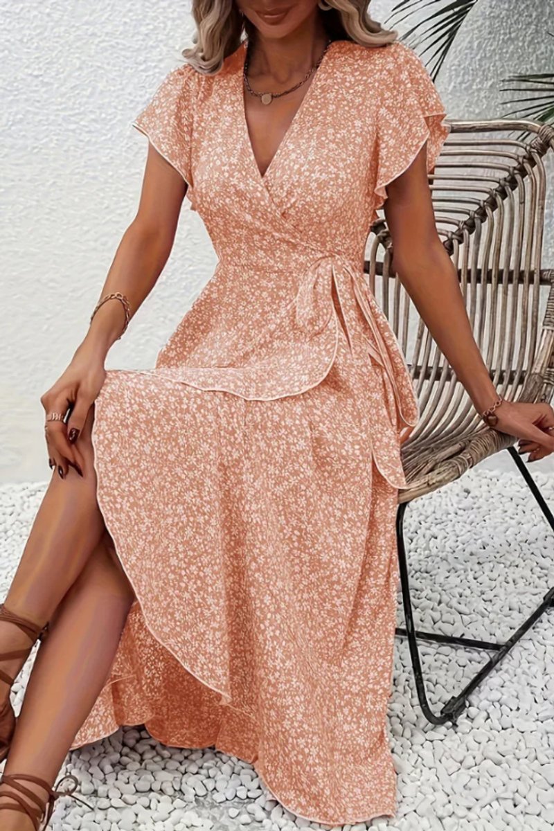 Women's Floral Wrap Midi Evening Gown V-Neck Cap Sleeve Dress - Orange Pink