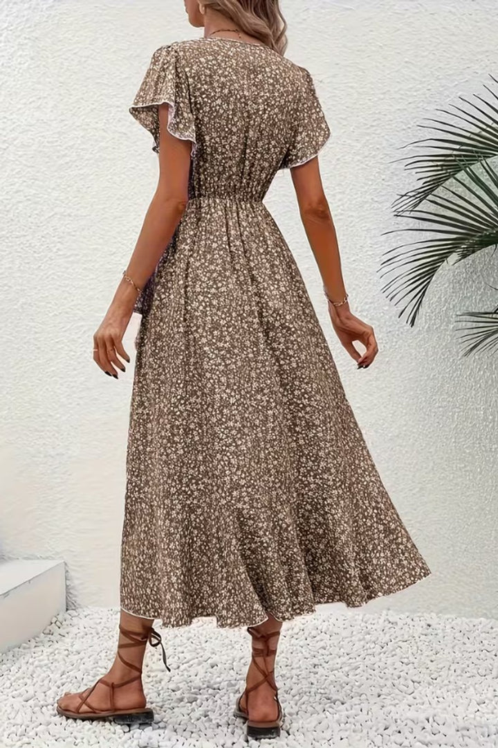 Women's Floral Wrap Midi Evening Gown V-Neck Cap Sleeve Dress