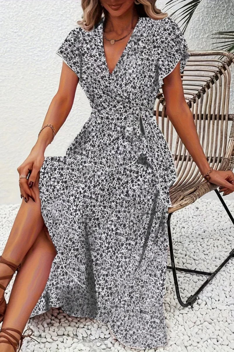 Women's Floral Wrap Midi Evening Gown V-Neck Cap Sleeve Dress - Black And White