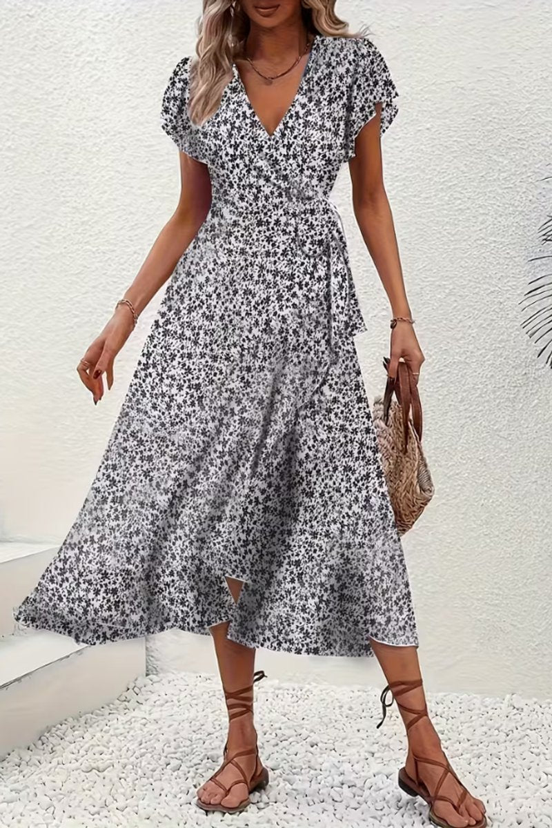 Women's Floral Wrap Midi Evening Gown V-Neck Cap Sleeve Dress