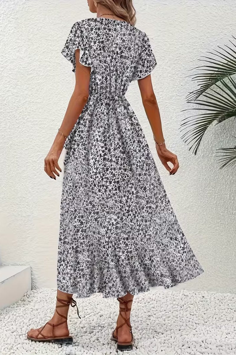 Women's Floral Wrap Midi Evening Gown V-Neck Cap Sleeve Dress