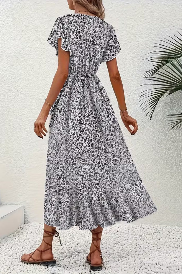 Women's Floral Wrap Midi Evening Gown V-Neck Cap Sleeve Dress