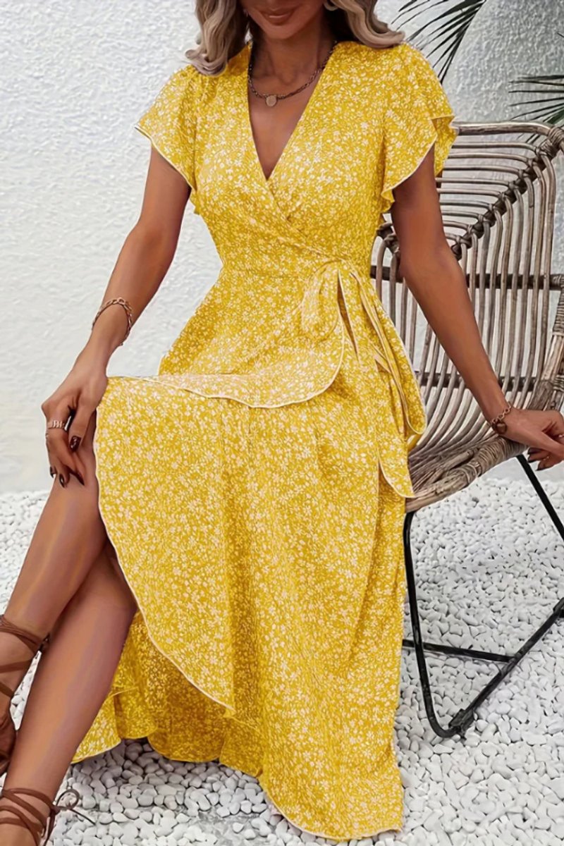 Women's Floral Wrap Midi Evening Gown V-Neck Cap Sleeve Dress - Yellow