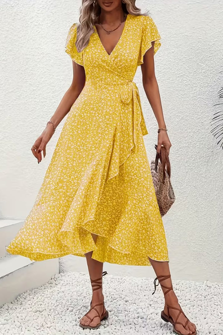 Women's Floral Wrap Midi Evening Gown V-Neck Cap Sleeve Dress