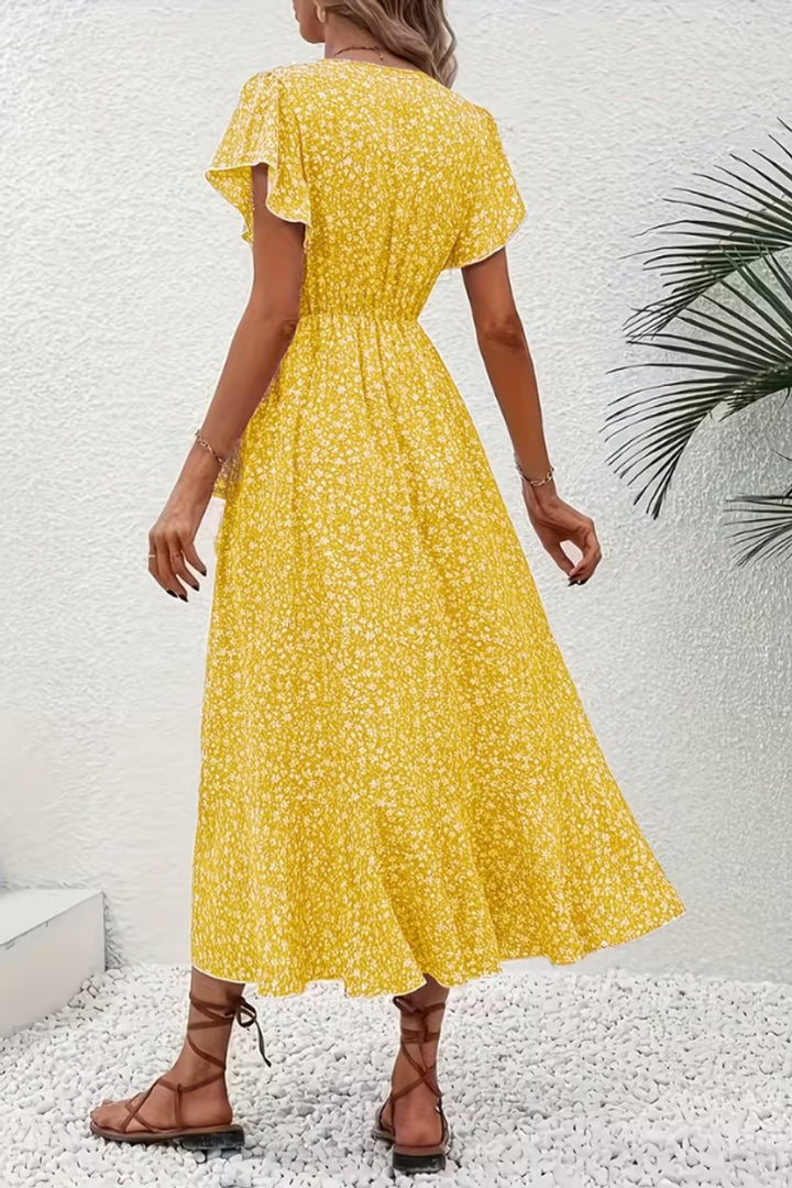 Women's Floral Wrap Midi Evening Gown V-Neck Cap Sleeve Dress