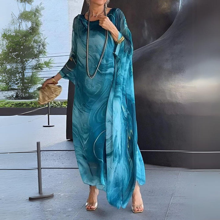 Women's Flowy Batwing-Sleeve Maxi Long Sleeve Dress - Blue