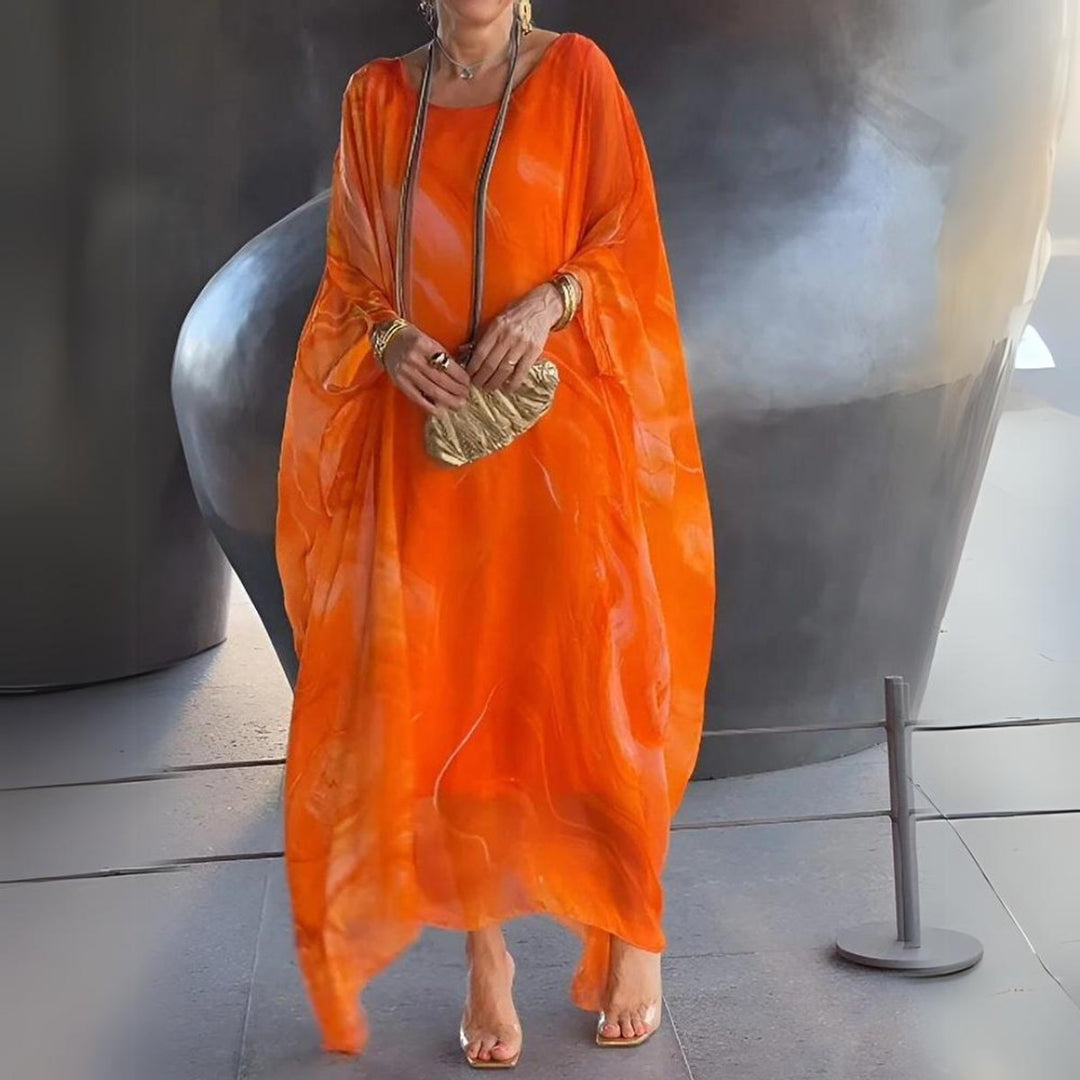 Women's Flowy Batwing-Sleeve Maxi Long Sleeve Dress - Orange