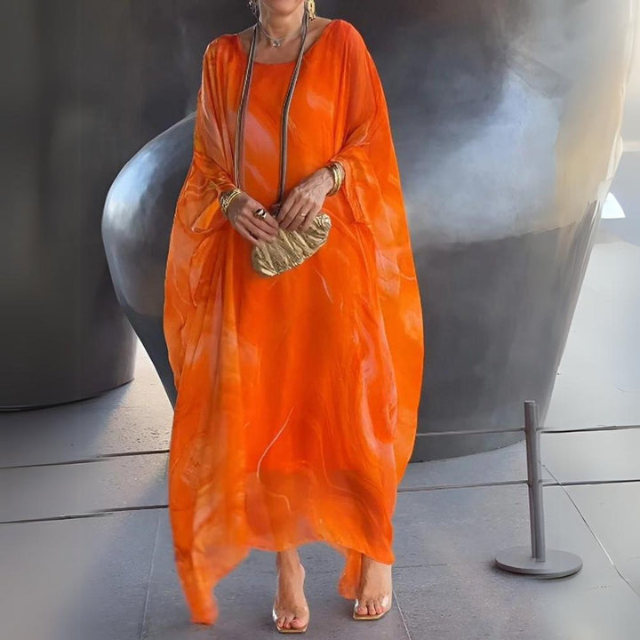 Women's Flowy Batwing-Sleeve Maxi Long Sleeve Dress - Orange