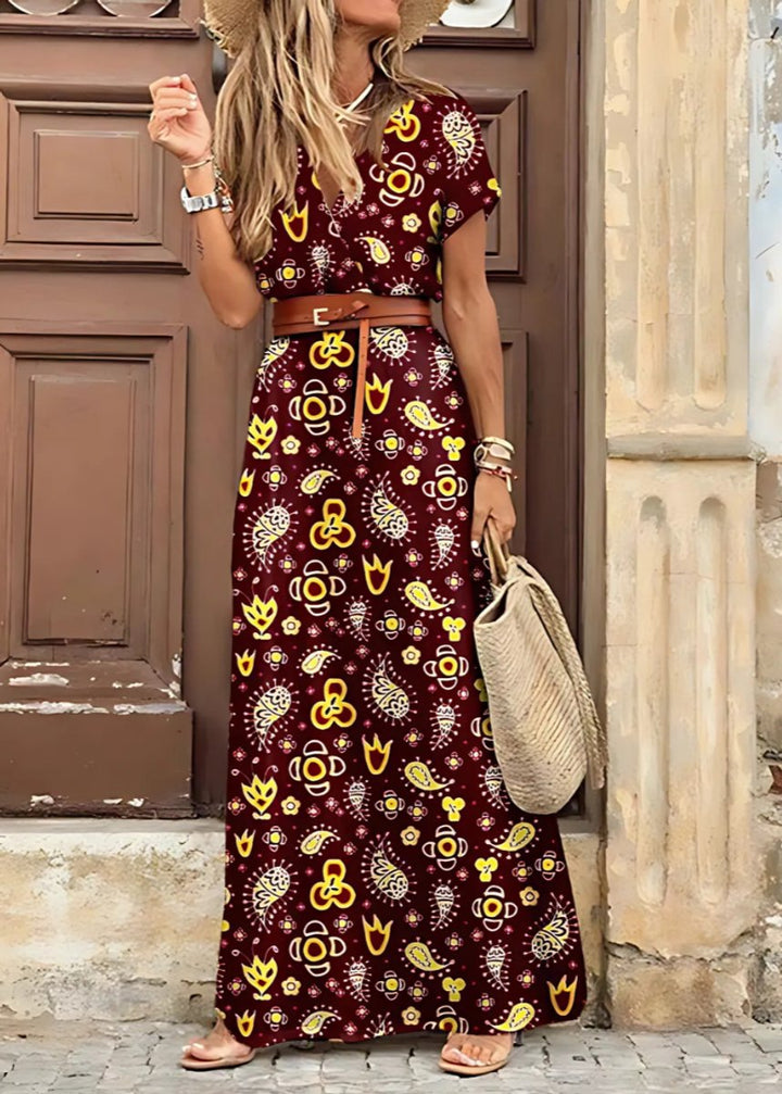 Women's Flowy Boho Maxi Dress Relaxed Lightweight Long - Wine Red