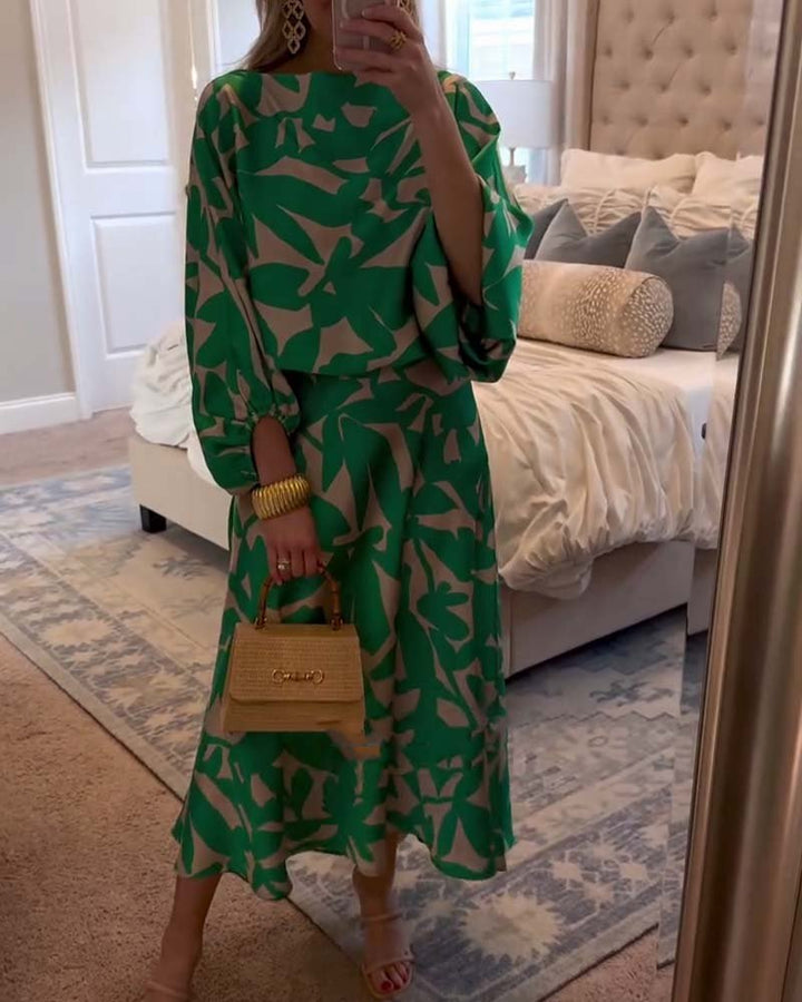 Women's Flowy Lantern Sleeve Printed Two-Piece Top Skirt Set - Green