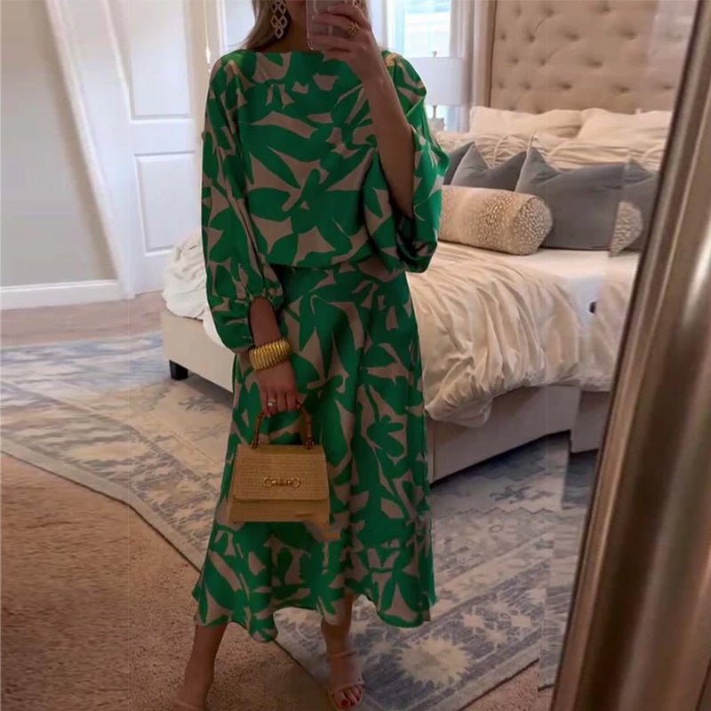 Women's Flowy Lantern Sleeve Printed Two-Piece Top Skirt Set