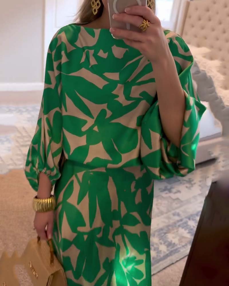 Women's Flowy Lantern Sleeve Printed Two-Piece Top Skirt Set