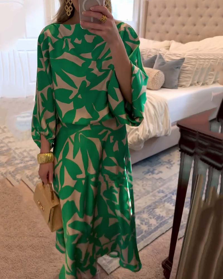 Women's Flowy Lantern Sleeve Printed Two-Piece Top Skirt Set