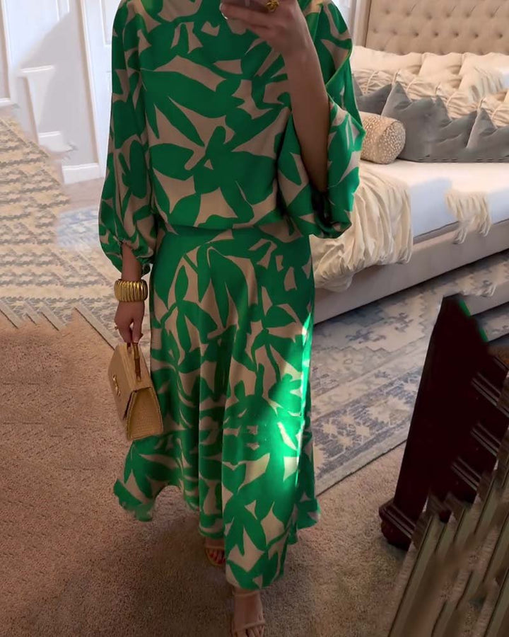 Women's Flowy Lantern Sleeve Printed Two-Piece Top Skirt Set