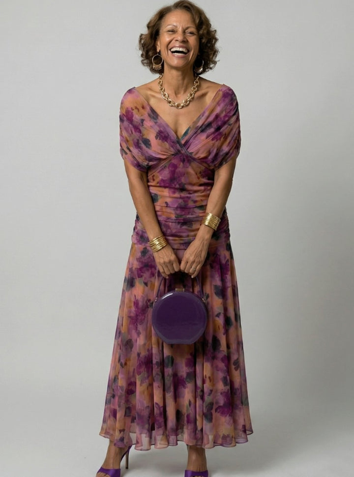Women's Flowy Midi Dress Draped V-Neck Off-Shoulder Floral - Purple