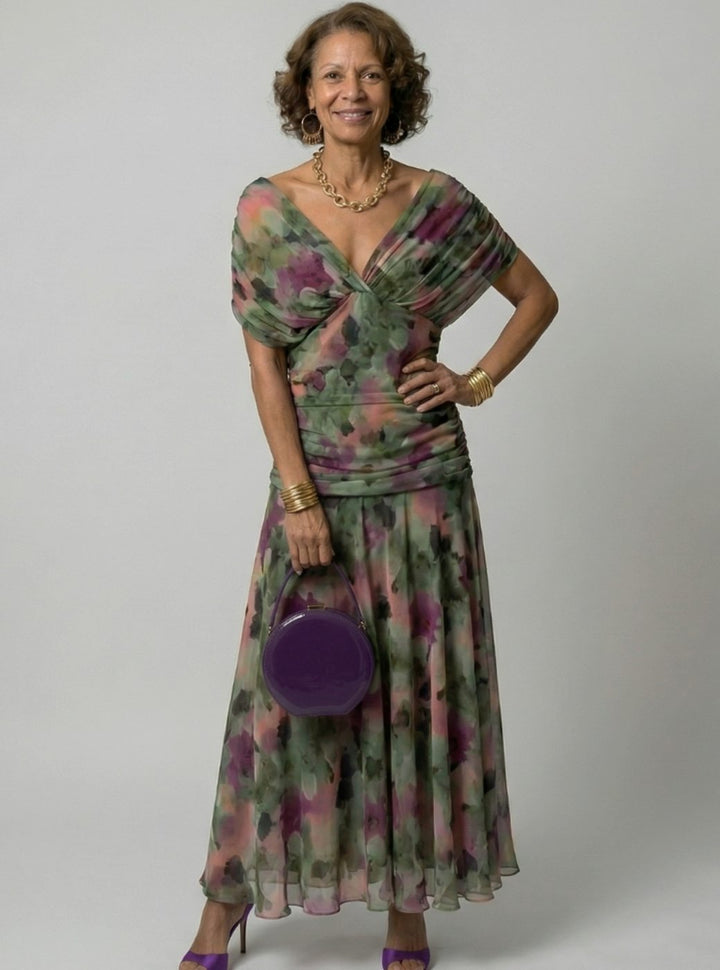 Women's Flowy Midi Dress Draped V-Neck Off-Shoulder Floral - Multicolor