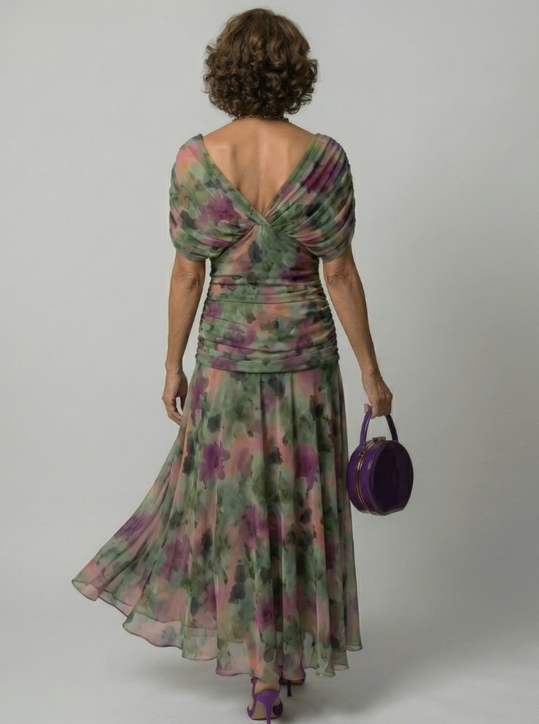 Women's Flowy Midi Dress Draped V-Neck Off-Shoulder Floral