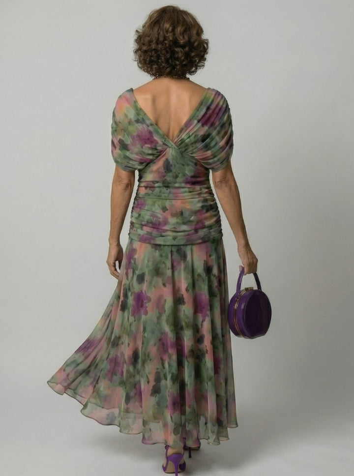 Women's Flowy Midi Dress Draped V-Neck Off-Shoulder Floral