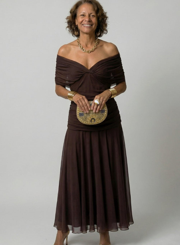 Women's Flowy Midi Dress Draped V-Neck Off-Shoulder Floral - Brown