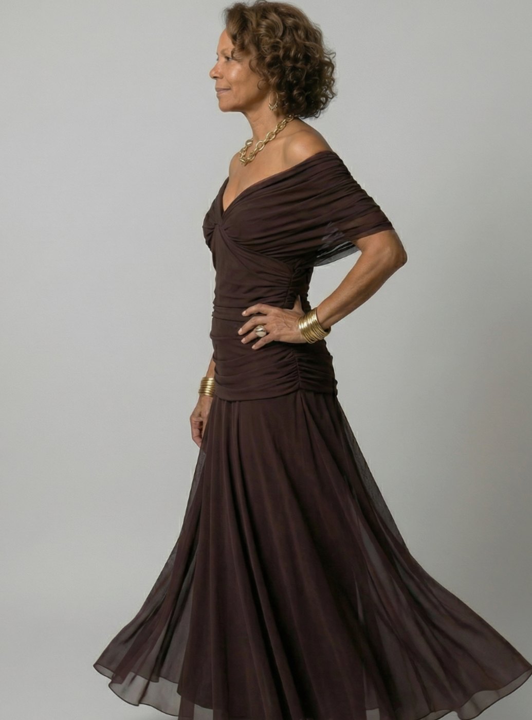 Women's Flowy Midi Dress Draped V-Neck Off-Shoulder Floral