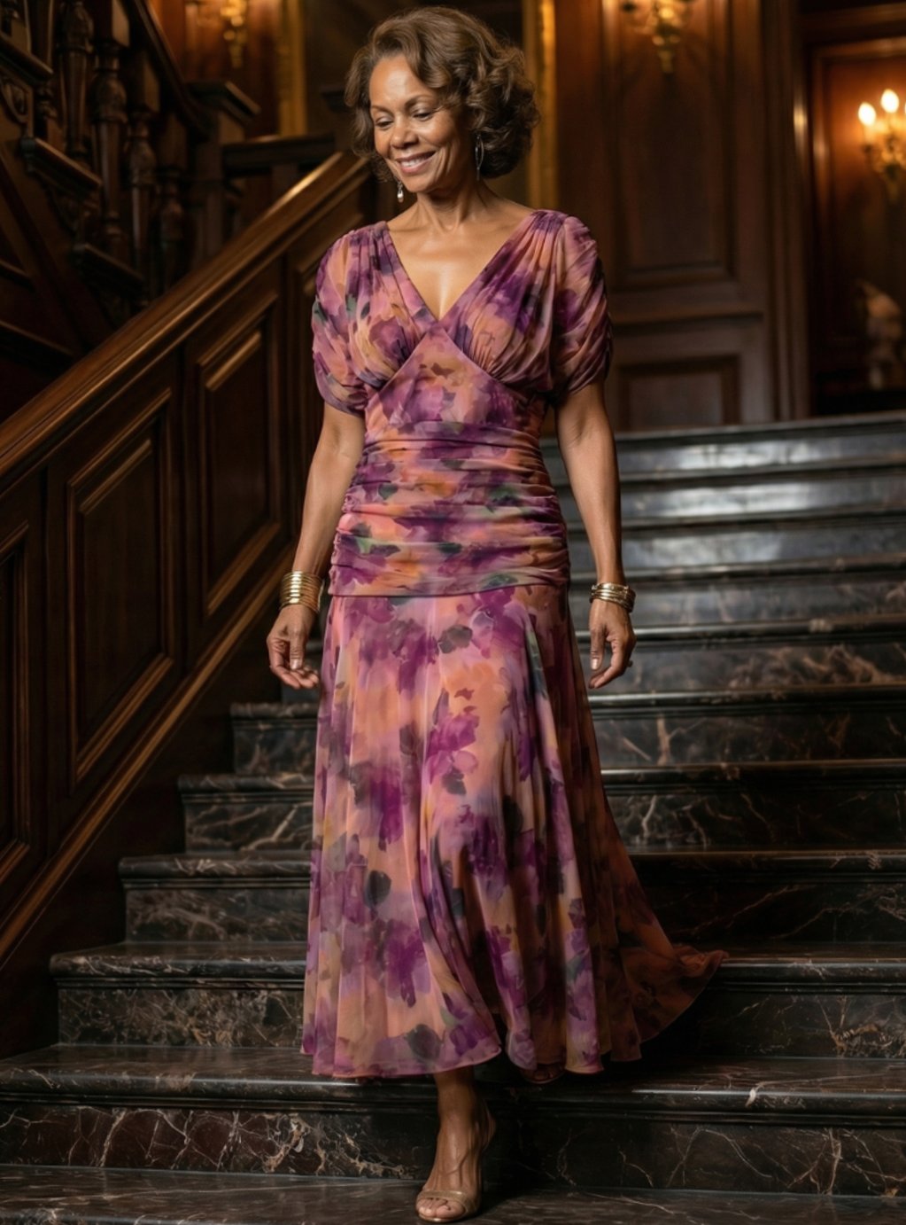 Women's Flowy Midi Dress Draped V-Neck Off-Shoulder Floral