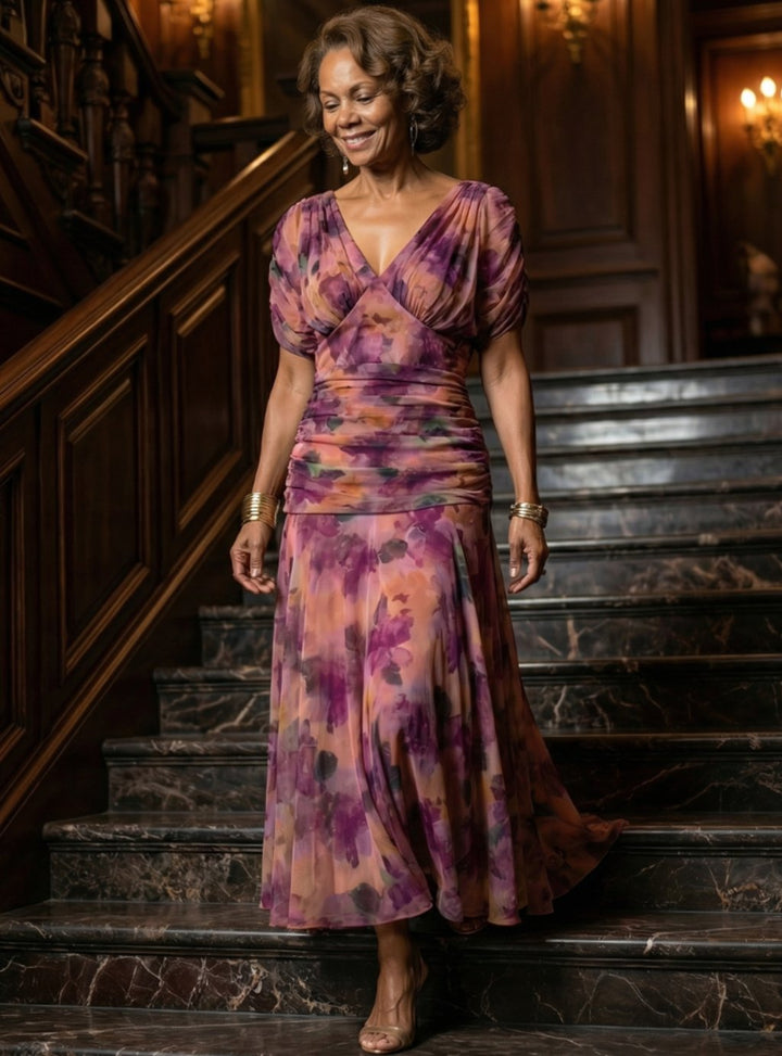 Women's Flowy Midi Dress Draped V-Neck Off-Shoulder Floral