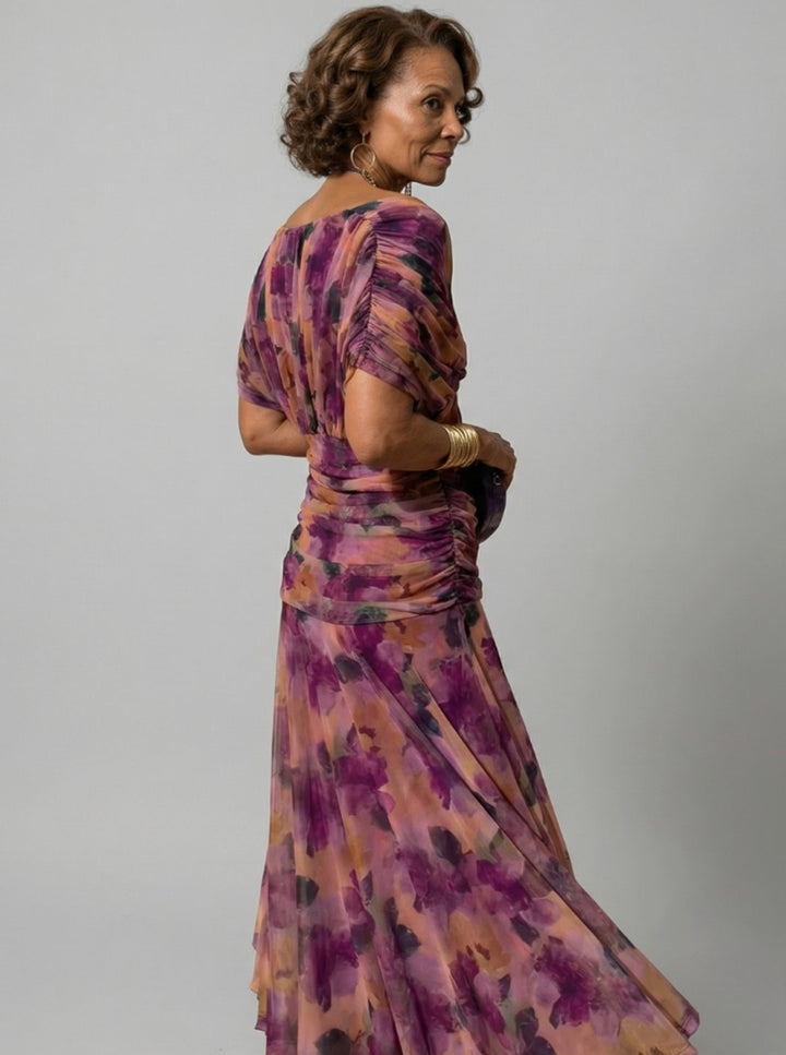 Women's Flowy Midi Dress Draped V-Neck Off-Shoulder Floral