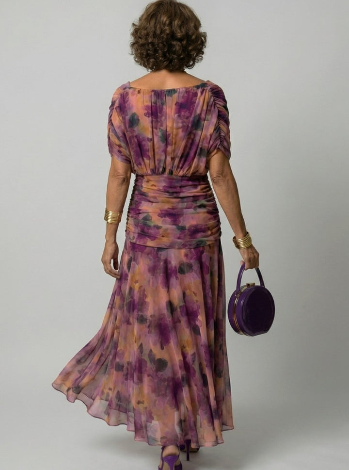 Women's Flowy Midi Dress Draped V-Neck Off-Shoulder Floral