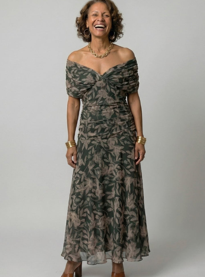 Women's Flowy Midi Dress Draped V-Neck Off-Shoulder Floral - Dark Green