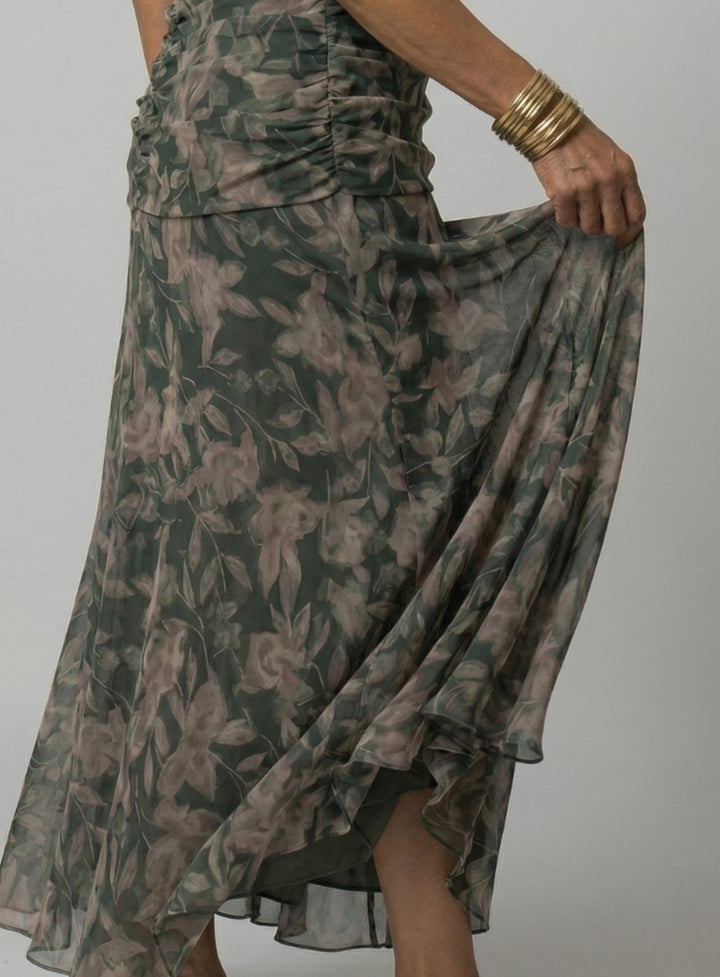 Women's Flowy Midi Dress Draped V-Neck Off-Shoulder Floral