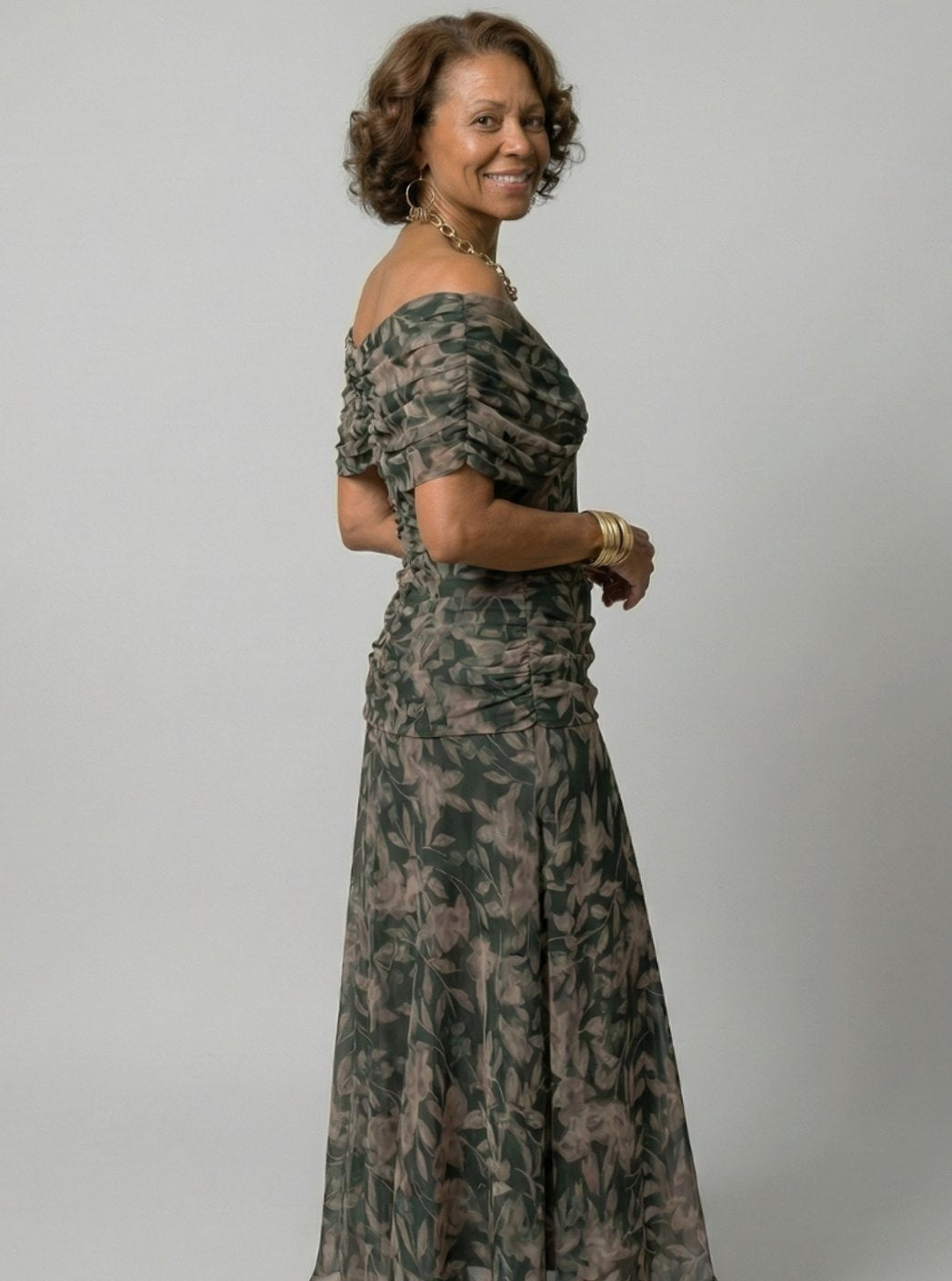 Women's Flowy Midi Dress Draped V-Neck Off-Shoulder Floral