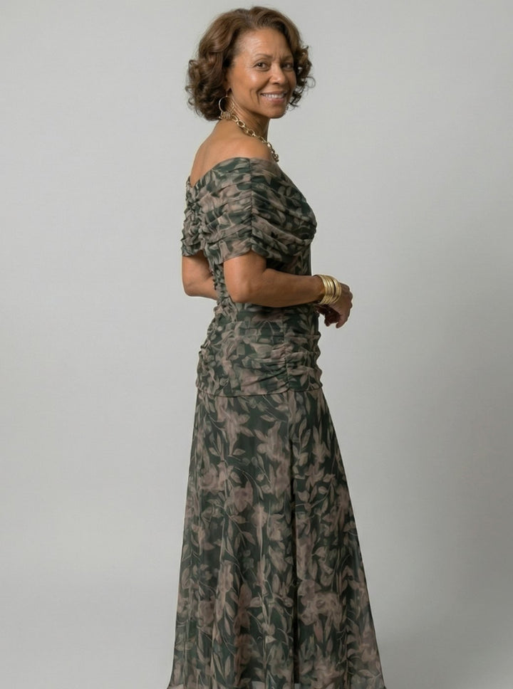Women's Flowy Midi Dress Draped V-Neck Off-Shoulder Floral