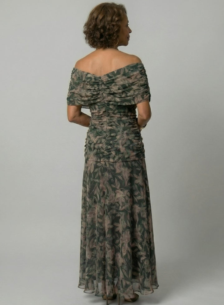 Women's Flowy Midi Dress Draped V-Neck Off-Shoulder Floral