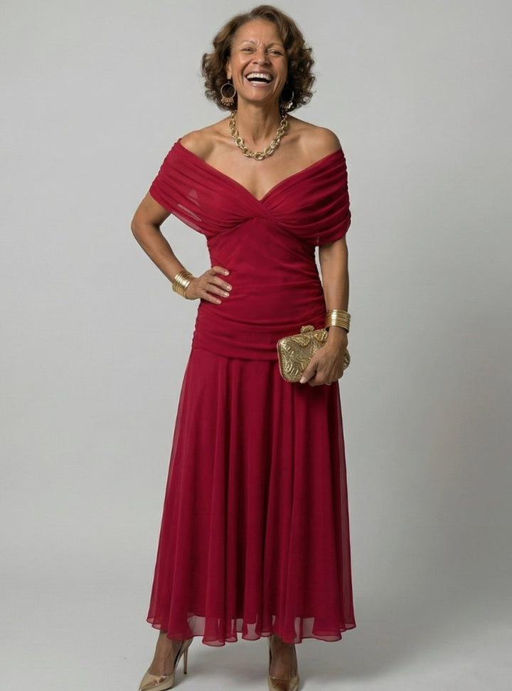 Women's Flowy Midi Dress Draped V-Neck Off-Shoulder Floral - Red