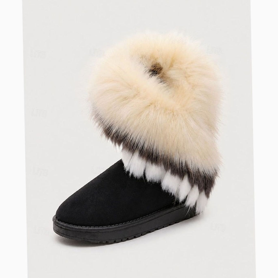 Women's Fluffy Fur-Trim Slip-On Snow Boots - Black / White