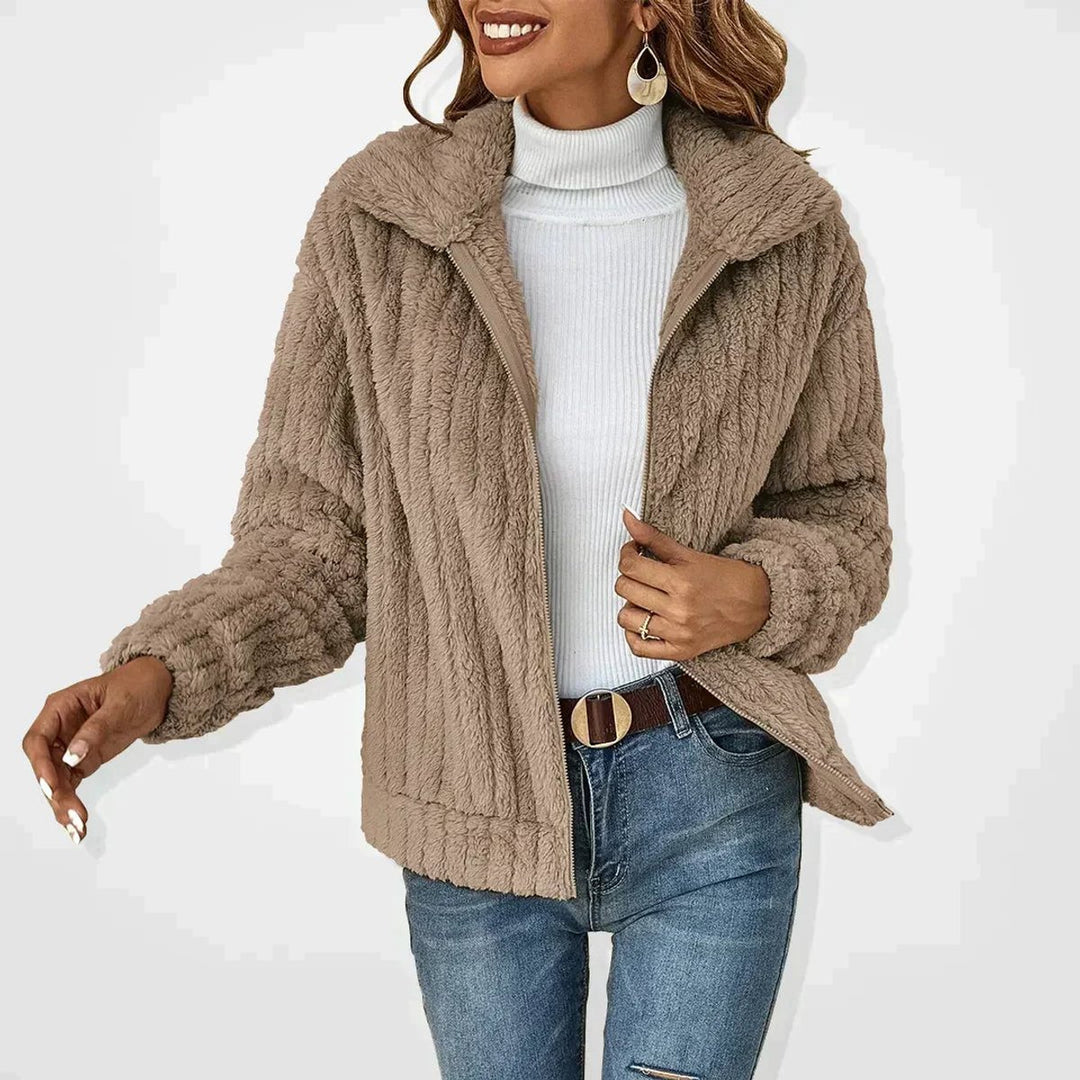 Women's Fluffy Plush Zip-Up Oversized Cardigan Jacket - Khaki