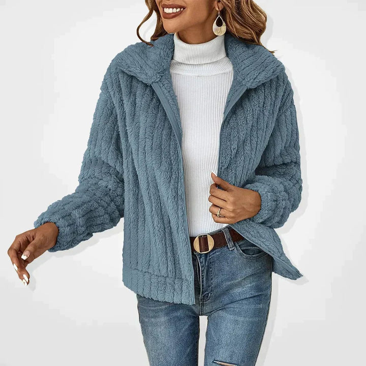 Women's Fluffy Plush Zip-Up Oversized Cardigan Jacket - Blue