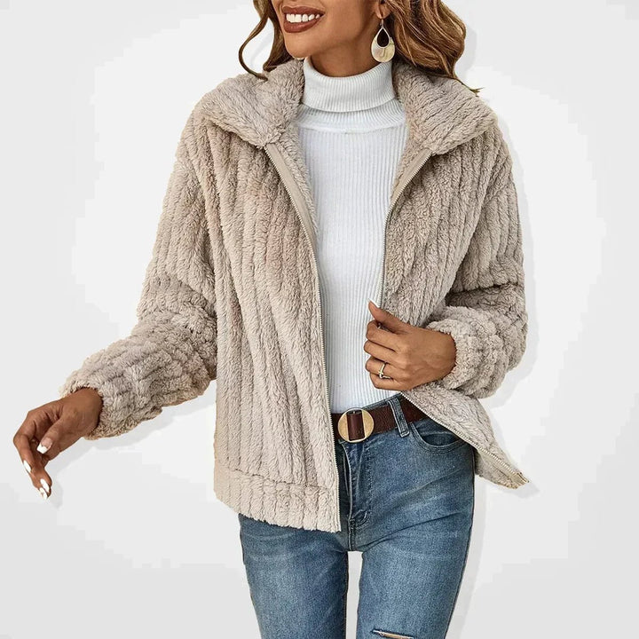 Women's Fluffy Plush Zip-Up Oversized Cardigan Jacket - Beige