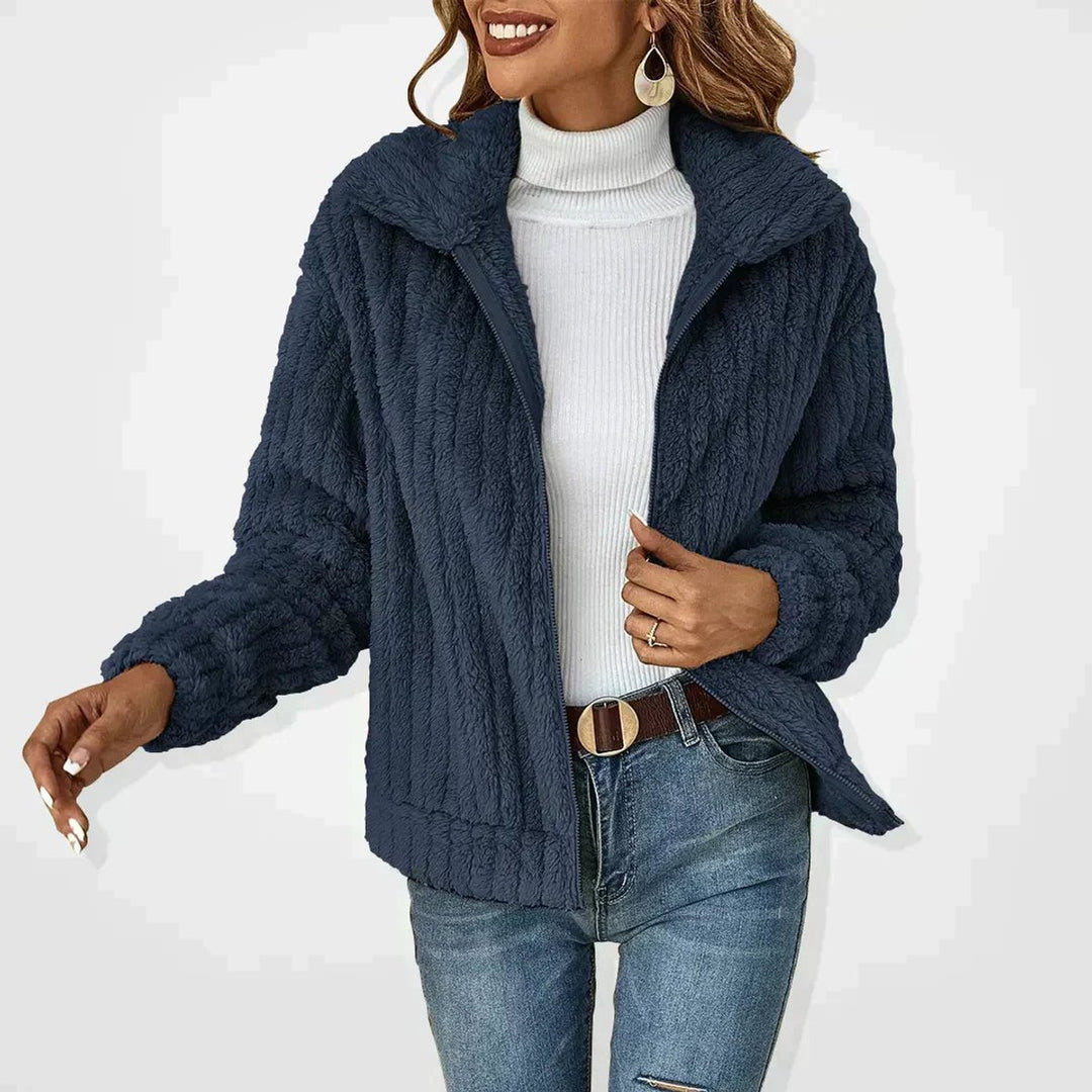 Women's Fluffy Plush Zip-Up Oversized Cardigan Jacket - Navy Blue