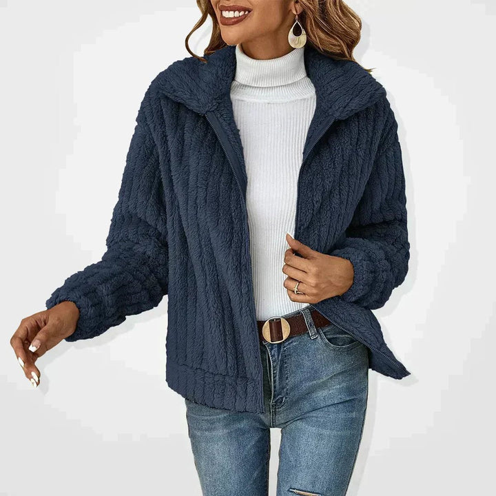 Women's Fluffy Plush Zip-Up Oversized Cardigan Jacket - Navy Blue